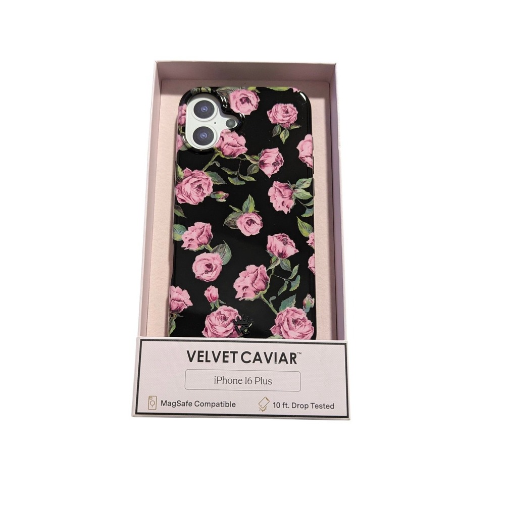 D2-N VELVET CAVIAR Apple iPhone 16 Plus MagSafe Case - Black & Pink Rose Floral